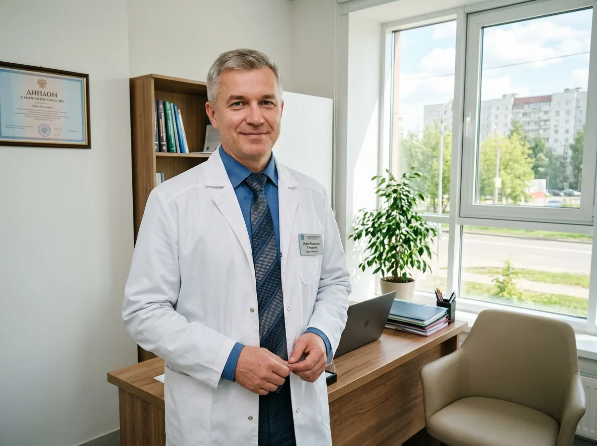 Врач-нарколог в белом халате стоит в медицинском кабинете клиники, уверенный, профессиональный вид, светлый интерьер, Балашиха
