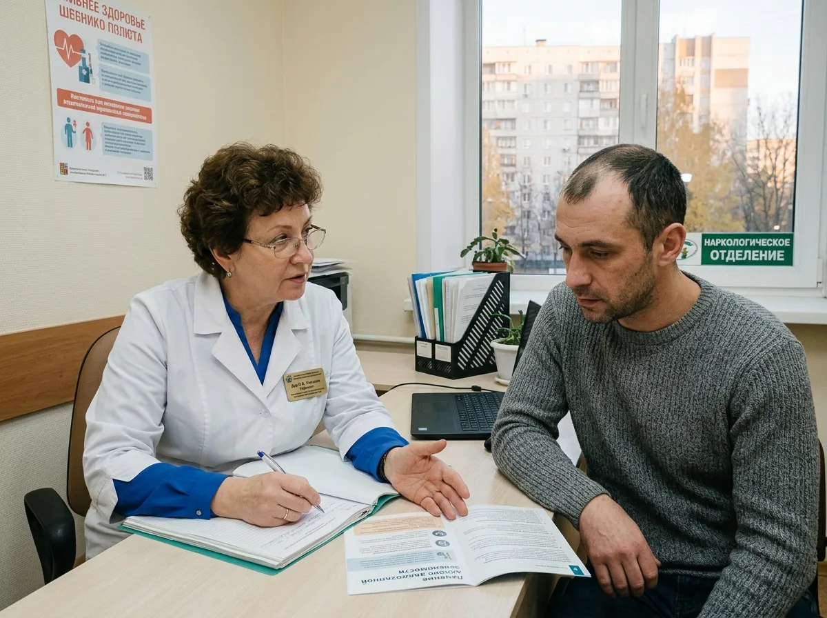 Врач-нарколог проводит консультацию с пациентом по вопросу кодирования от алкоголизма, кабинет клиники, Балашиха
