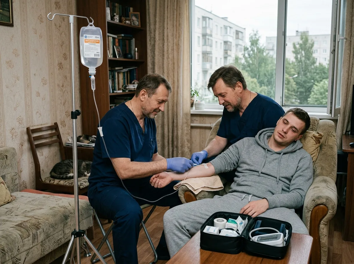 Врач-нарколог на дому ставит капельницу пациенту от похмелья, квартира, быстрая помощь, Балашиха