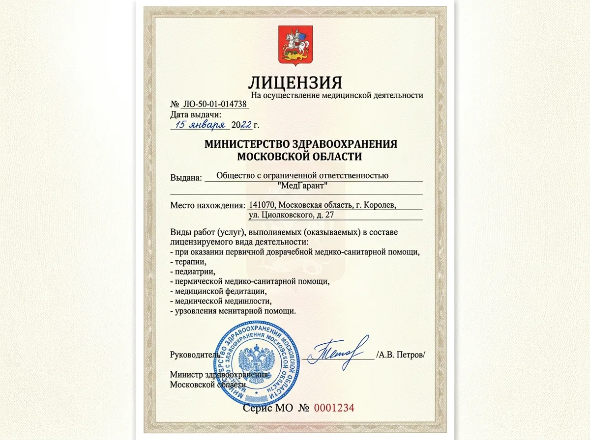 Лицензия на осуществление медицинской деятельности № ЛО-50-01-014738, Министерство здравоохранения Московской области, документ с печатью и подписью